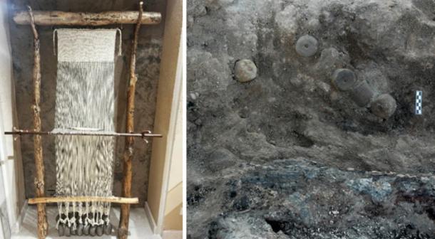 Left; Reconstruction of a Bronze Age warp-weighted loom, on display at the Alcoy Archaeological Museum. Right; the Bronze Age loom remains in situ at the find site