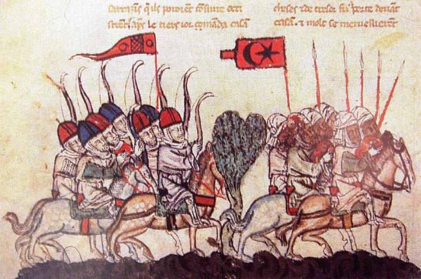 The battle of Wadi al-Khazandar in 1299, depicting Mongol archers and the Mamluk cavalry. Source: Public domain
