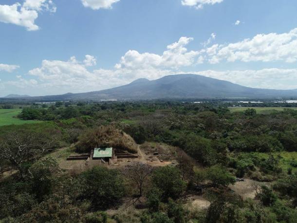 El Salvador’s Campana Maya pyramid structure, with the San Salvador volcanic complex in the background. Source: A. Ichikawa / Antiquity Publications Ltd