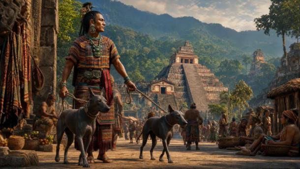 Representation of Maya city in Mexico, with Maya dog trader and dogs.