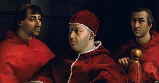 Pope Leo X and his cousins, by Raphael. Pope Leo X was a prominent member of the Medici Dynasty and Pope of the Catholic Church. Source: Public domain