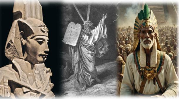 Montage (by author) of Akhenaten, Moses, and the Feathered Serpent, first priest-king of ancient Mexico.