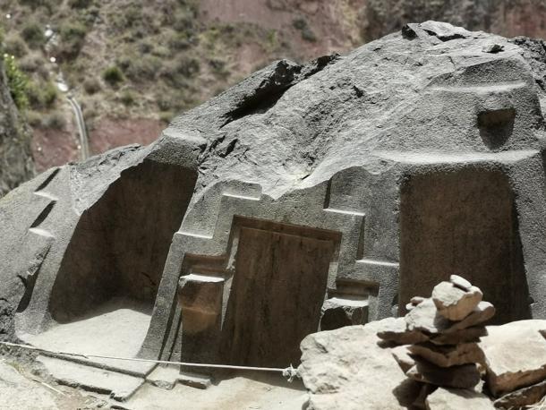 Naupa Huaca stone carvings in the cave of Choquequilla, Peru.
