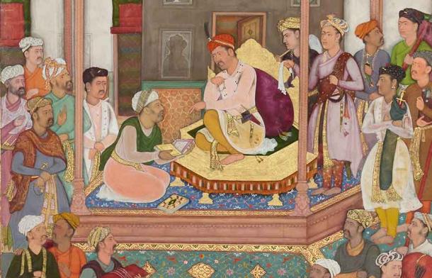 Abu'l-Fazl ibn Mubarak, one of the Navratnas, presenting Emperor Akbar with the Akbarnama. Source: Public domain