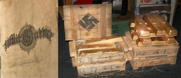 Part of the alleged SS officer’s diary (WhatsNews2Day) and representation of Nazi gold. (YouTube Screenshot)
