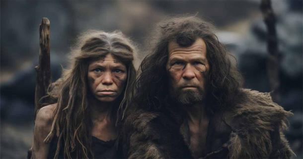 AI representation of a Neanderthal couple wearing fur. Source: Ricky/Adobe Stock