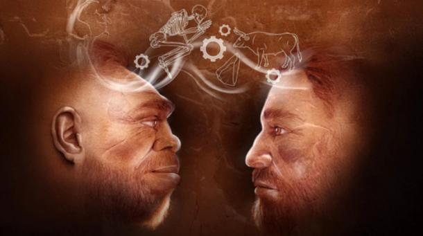 Image representing Neanderthal and Homo sapiens males sharing thoughts.