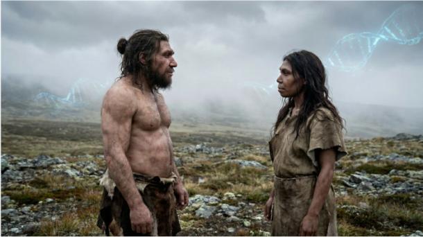 A Neanderthal man meeting a homo sapiens woman. 