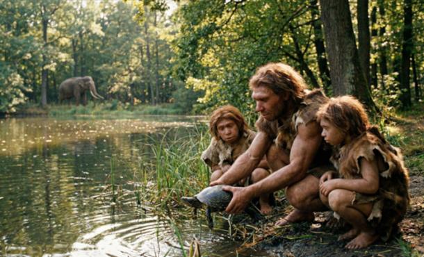 Representation of Neanderthal man and children at a pond hunting turtles. 