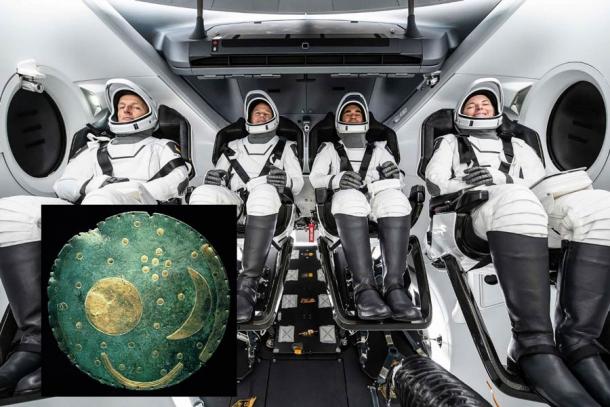 The astronauts in the Nebra Sky disk spaceflight, which is also known as the Cosmic Kiss mission, with German astronaut Matthias Maurer on the far left. Source: Dbachmann / CC BY-SA 3.0 / ESA