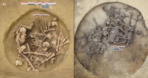 Overhead views of pits 157 (Bergheim) and 124 (Achenheim), Alsace, France, showing &ldquo;violence-related human mass deposits.&rdquo; 