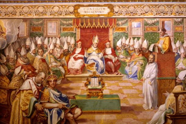 Fresco painting of the First Council of Nicaea (Concilium Nicaenum I), Sistine Chapel, Vatican.