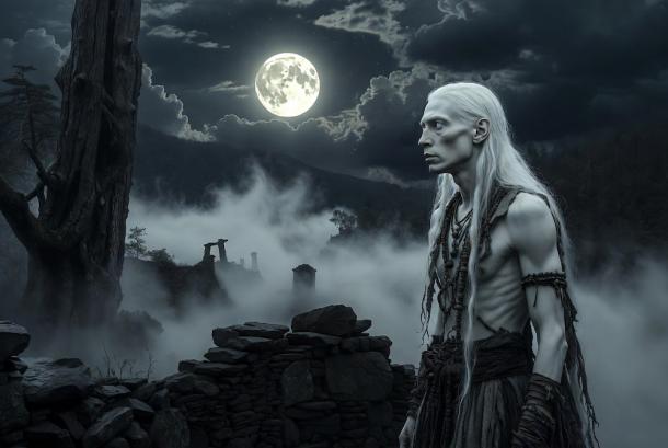A hauntingly beautiful AI-generated image in landscape format: Under a luminous full moon, a pale-skinned albino Native American with long white hair stands guard among ancient stone ruins in the misty Appalachian Mountains.