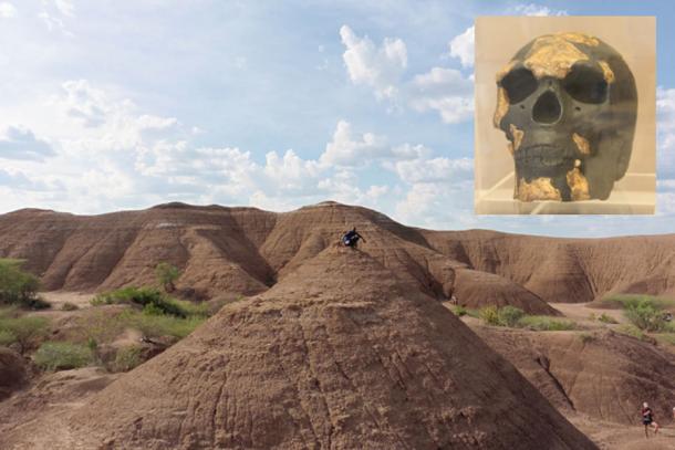 The Omo Kibish formation where the fossils of the oldest Homo sapiens were discovered. Inset: Reproduction of an Omo I skull. Source: Céline Vidal 2018/ Nature (Inset: CC BY-SA 4.0)