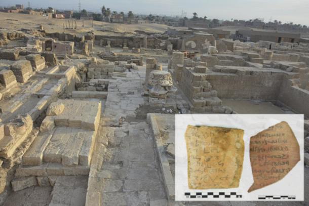 Athribis temple in Sohag, Egypt, with inset; Ostraca discovered there.