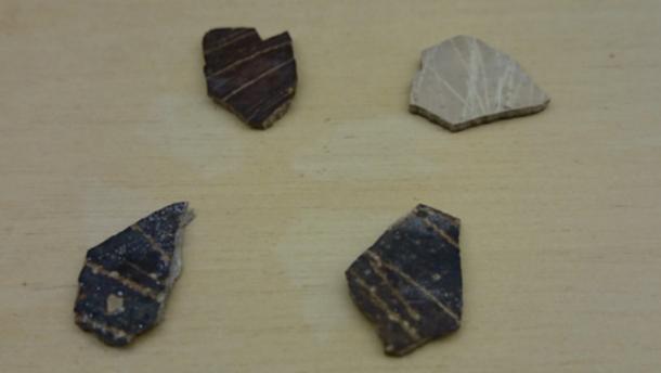 Engraved ostrich eggshell from Diepkloof, Western Cape; dated 55&ndash;65k years old.