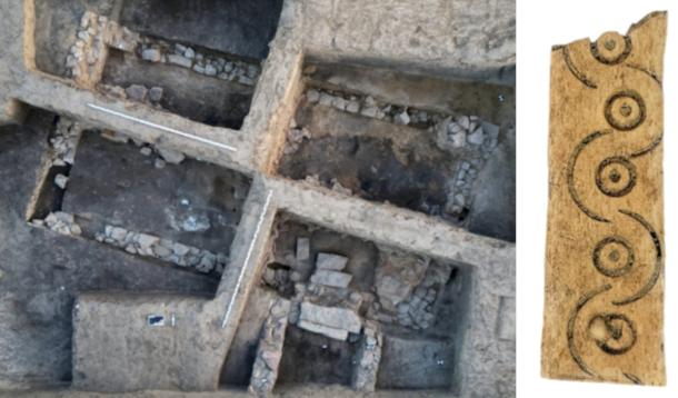 10th-century stone building in the center of the Helfta palatinate. Right; Fragment of an antler box decorated with ring-and-dot marks, from around the year 1000 AD.