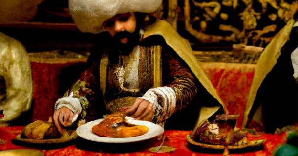 A Sultan of the Ottoman Empire having a feast. Source: AI generated.