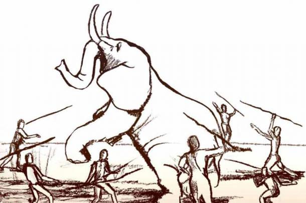 Illustration of Paleolithic elephant hunting using spears. Source: Dana Ackerfeld/Tel Aviv University