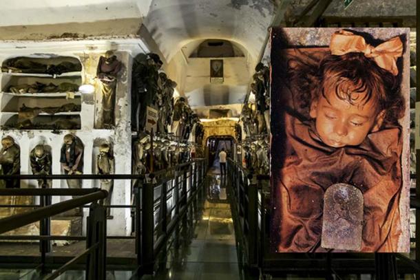 Inside the Palermo catacombs, Palermo, Sicily, Italy and an image of Rosalia Lombardo, who died in 1920, as she appeared in 1982. Source: toshket / Adobe Stock and Maria lo sposo assumed / Public domain
