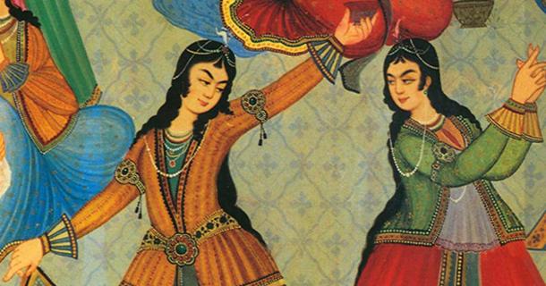Persian Women dancing. From a wall painting at "Hasht Behesht Palace" (Palace of 8 heavens), Isfahan, Iran.