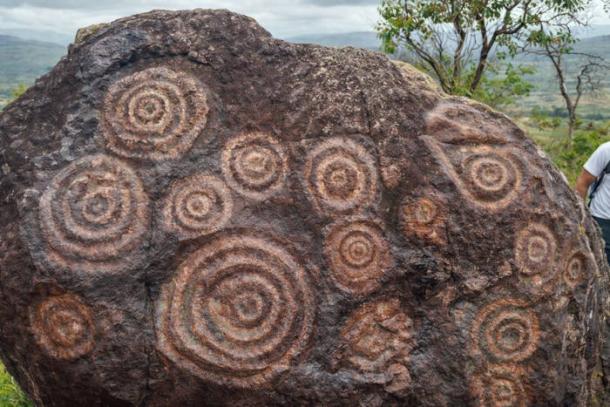 Spirals or concentric circles rock art engraving on a boulder in Venezuela.