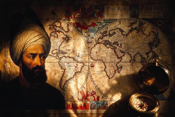 An illustration of a man in a turban, representing Piri Reis, standing before an ancient world map with a brass compass in the foreground.