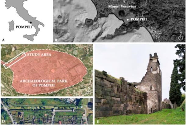 Maps of the site location and wall under study at Pompeii.