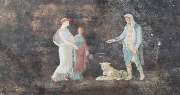 Helen and Paris fresco, indicated in a Greek inscription placed between the two figures with his other name ‘Alexandros’. Source: Archaeological Park of Pompeii