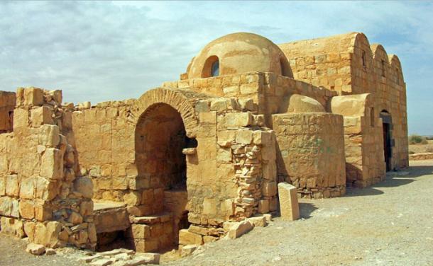 East (front) elevation and portion of south side of Qusayr Amra, Jordan.