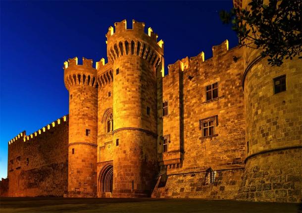 St John knights castle at night, Rhodes island, Greece