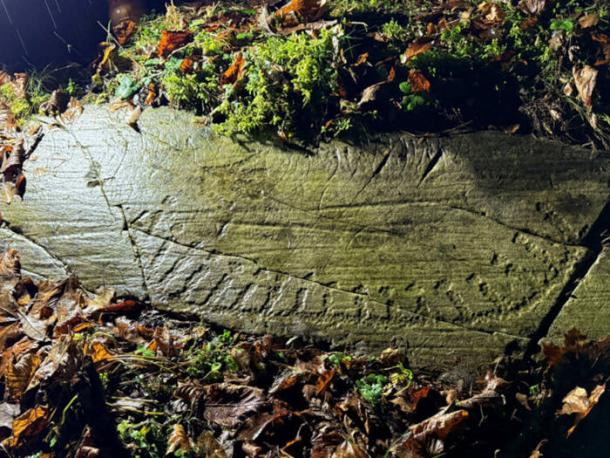 Rock carving of a boat with human figures, just found at Kols&aring;stoppen in B&aelig;rum.