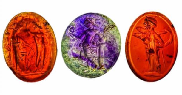 Three of the Roman intaglios, engraved semi-precious stones discovered by archaeologists near Hadrian’s Wall. Source: Anna Giecco//Wardell Armstrong