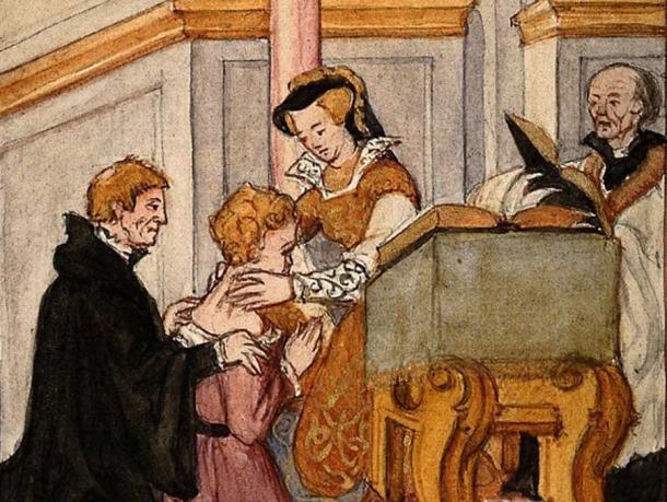 Queen Mary applies the Royal Touch to cure scrofula. Source: M S Lapthorn / Public Domain.