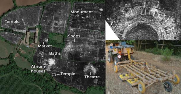 A slice of ground penetrating radar data from Falerii Novi, revealing the outlines of the town’s buildings; Falerii Novi temple; GPR system. Source: L. Verdonck / Antiquity Publications