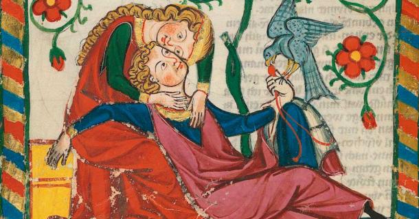 Saint Valentine is today associated with lovers. Here, lovers shown in the Medieval Miniature from the Codex Manesse. Source: Public Domain