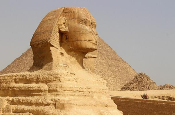 The Great Sphinx of Giza with the Pyramid of Khafre in the background. 