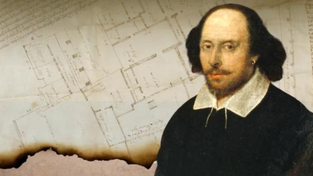 The Chandos portrait of William Shakespeare (attributed to John Taylor, c.1611), overlaid on the 1668 Blackfriars precinct plan
