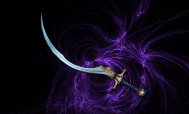 Artistic representation of a shotel sword (PetriBot / CC BY-SA 4.0) on a fractal background. (Pixabay License)