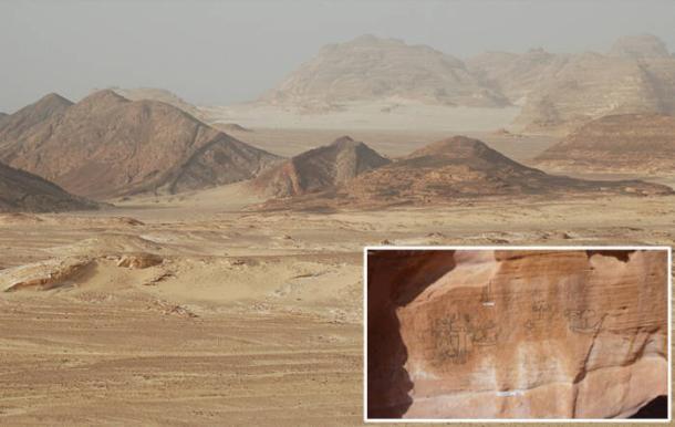 Sinai desert landscape, Egypt. Inset; the inscription found at Wadi Khamila, Sinai.