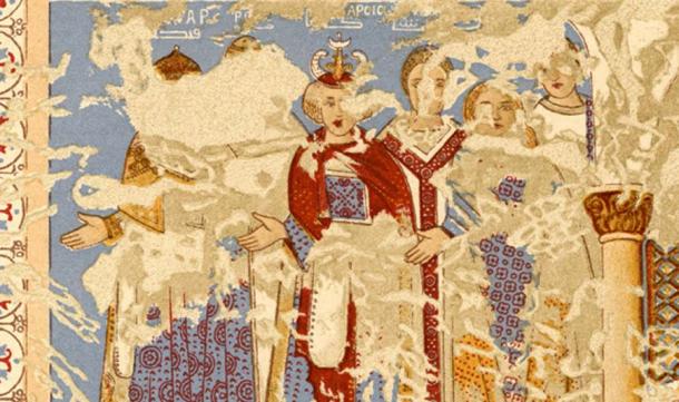 Drawing of the Six Kings of the Earth fresco at Qasr Amra. Source: Public domain