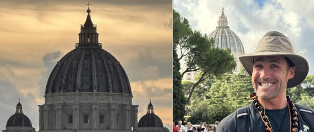 Left; Sunset behind the mighty dome of St. Peter&rsquo;s Basilica, Vatican City. Right; The author with the dome of St. Peter&rsquo;s taken from the Vatican Gardens. 