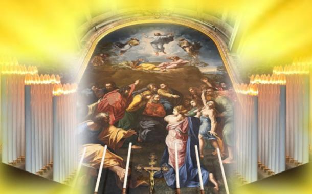 Altar of the Transfiguration of Jesus in Saint Peter&rsquo;s Basilica, with artistic surrounding of candles added.