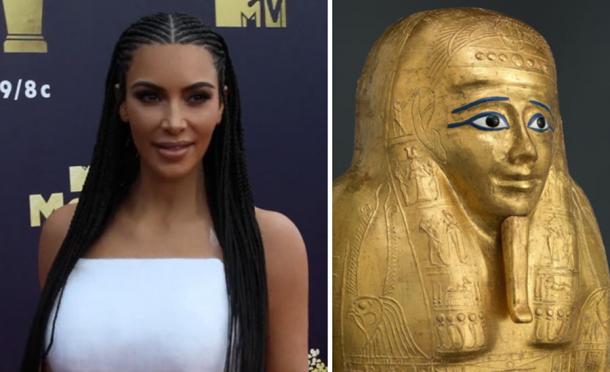 Left: Kim Kardashian. Right: The stolen Nedjemankh sarcophagus. Source: Left: Nicole Alexannder / CC BY 3.0. Right: Metropolitan Museum of Art.
