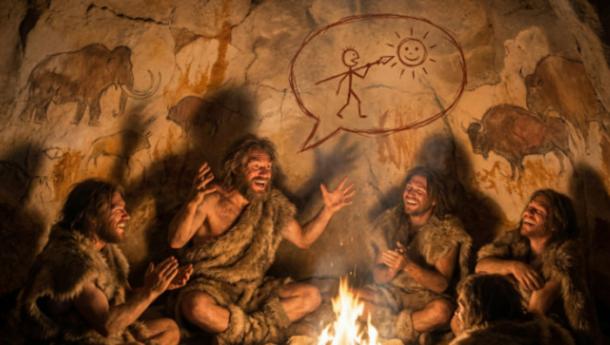 Early humans in a cave enjoying a humorous story.