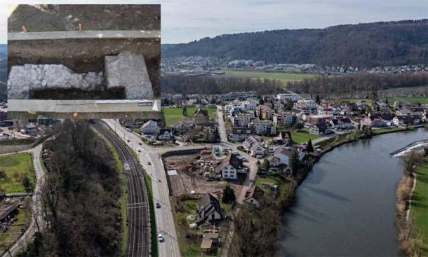 The Swiss site in Gebenstorf, and (inset) some of the unexpectedly large and extensive Roman walls found by the initial archaeology. Source: Archaeology News / Cantonal archeology, © Canton Aargau.