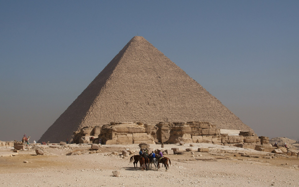 The Great Pyramid of Khufu, Giza, Egypt. Photograph by [Photographer's Name], Wikimedia Commons. Licensed under Creative Commons Attribution-ShareAlike 3.0 Unported