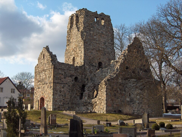 The ruins of the twelfth-century Church of Saint Olof in Sigtuna, Sweden. Dedicated to Saint Olaf of Norway, the church reflects the spread of Romanesque architecture and Christianity throughout medieval Scandinavia