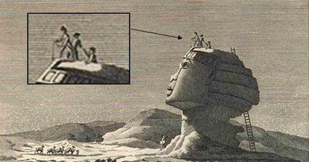 Vivant Denon’s sketch of the sphinx in 1798 depicts a man being pulled out of a hole in the sphinx’s head