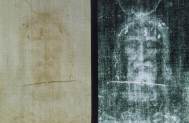 Positive and negative image of part of the Shroud of Turin.